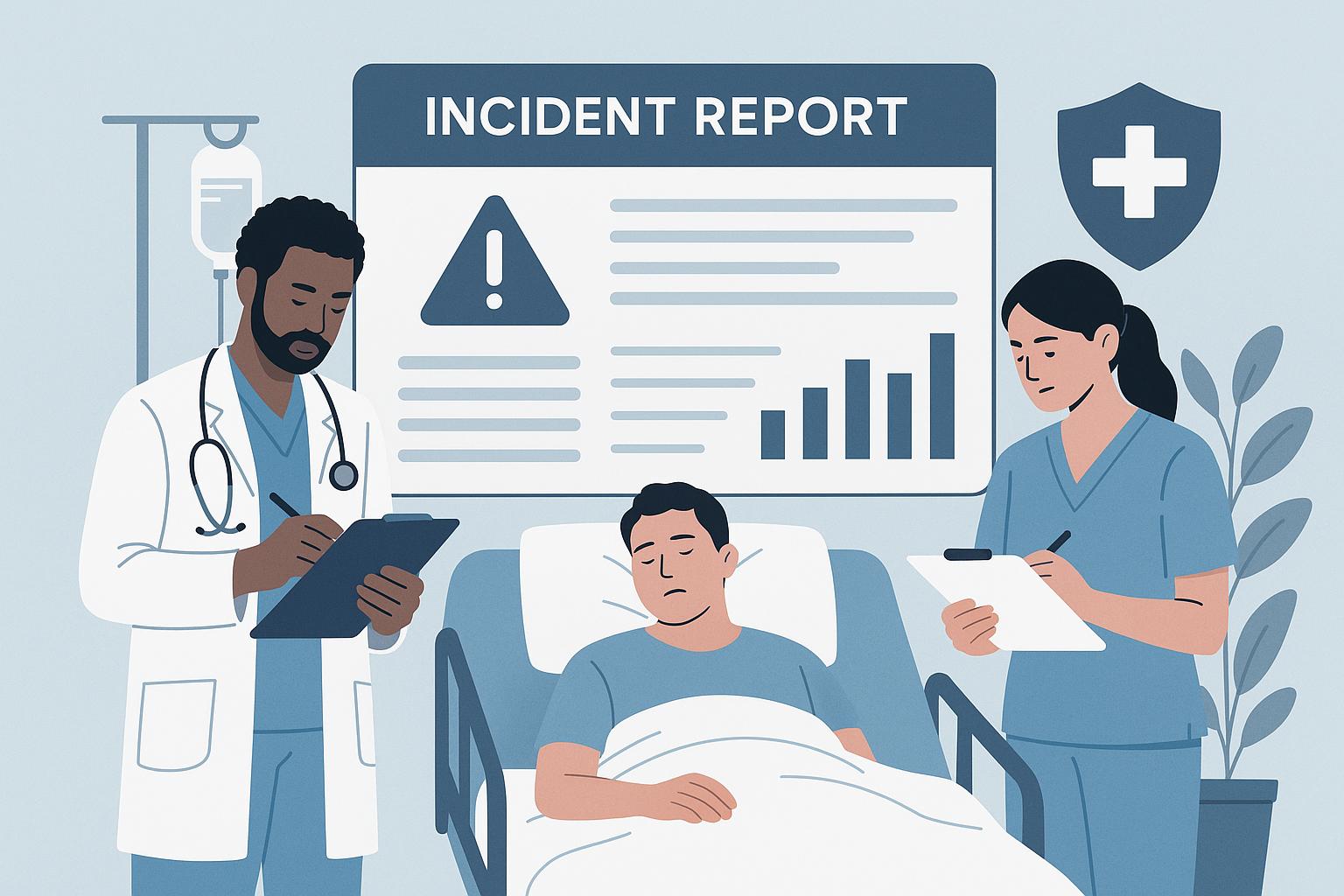 Doctor and nurse documenting a patient safety incident in a hospital room with a digital incident report dashboard in the background